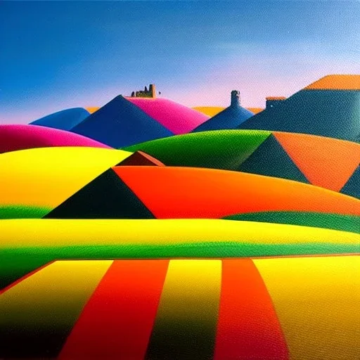 an ultradetailed painting of a popi village, castle, golden ratio, 8 k resolution, oil on canvas, landscape with Bright Colors, pop art