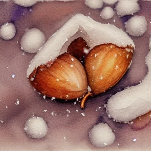 watercolor of tiny acorn covered in snow, warm colors, soft lighting, snowdrift