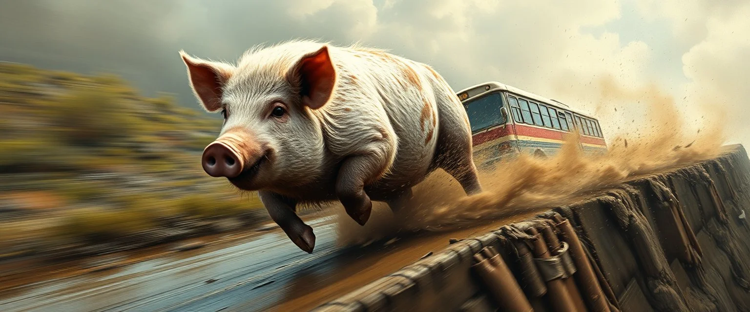 mega blasting fast, so freaking fast, faster than a greased muscle shiny cowboy disco funk fusion fluffy pig on a runaway mud train jumping over the cliff . speed and energy, painted by Rembrandt and fallout 4, straight down a muddy slide, with a bus straight behind him