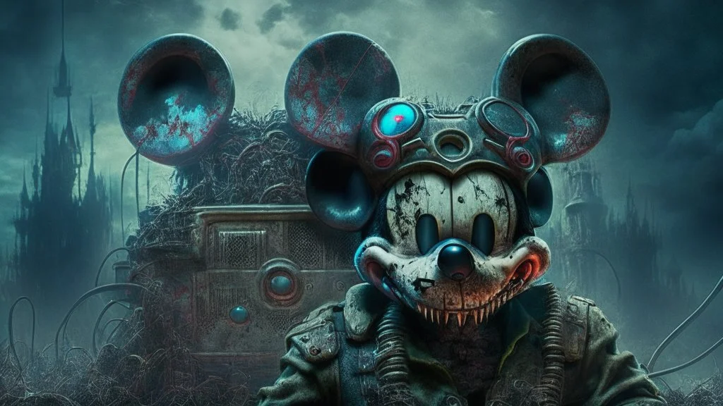 zombie mickey mouse hybrid, photorealism, movie screen capture, horror, sci-fi, retrofuturism,