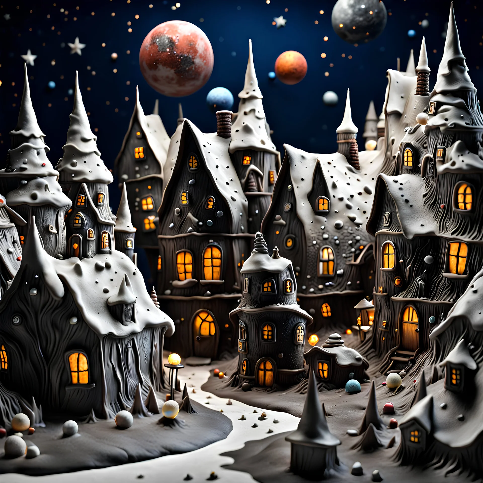 detailed creepy village made of cake frosting, melting steel, strong texture, extreme detail, octane render, stars and planets, Yves Tanguy, Max Ernst