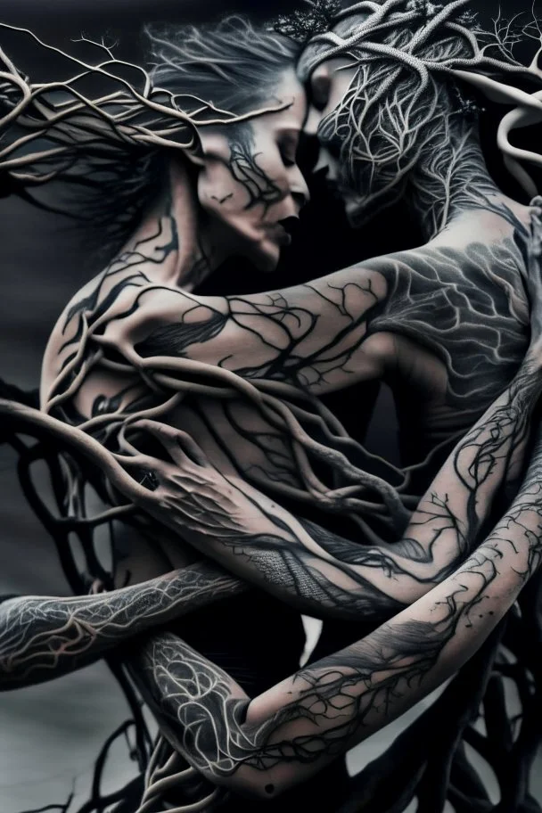 Multiple entanglements between a twisted thin piece of cloth as part of many twisted and spiraling branches disappearing into the distant mist, epic photo, 2 beautiful lovers are embracing, stunning tattoos that intwine with eachothers tattoos,sharp on highly detailed skin with wrinkles and high contrast, photorealistic, explosion of extacy,4K, 3D, realism, hyperrealism, detail, good lighting, detailed texture, modern photography style, 3D, 4D, 4K