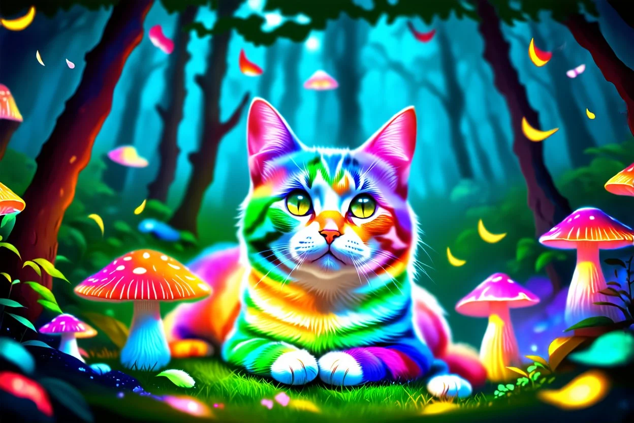 A rainbow-colored cat with golden and teal eyes resting in a magical forest, surrounded by glowing mushrooms, neon vines, and fragmented light. The background is dreamy and surreal. --v 7 --style raw --ar 4:5 --q 2
