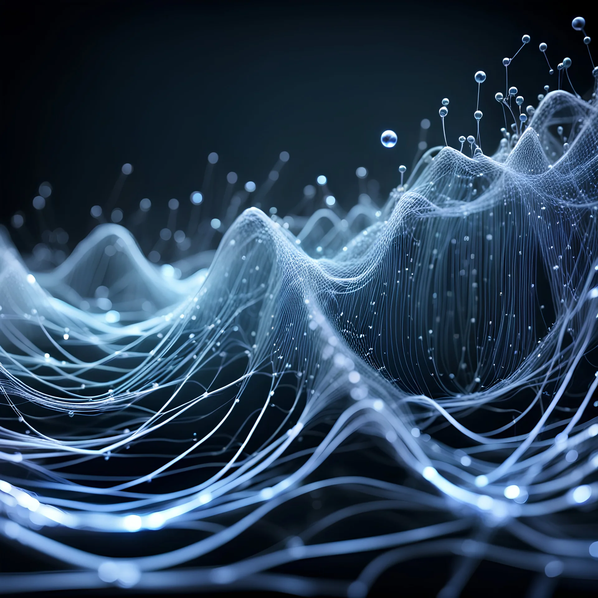 Musical Wave , Water Wave, Water network lines , Realistic 3D Render, Macro, mesh, wave network, geometric, Nikon Macro Shot, Kinetic, Fractal, Light Led Points, Generative, Neural, Computer Network, Connections, Water Strings,