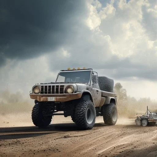 stylized hyperrealistic shot, muddy military nukizer toy truck, monotone color palette, sharp focus, puddle reflection, tire water splash, refraction, mist on the horizon, shadowcast, god rays, detailed and intricate, cinematic composition, micro, tilt shift photography