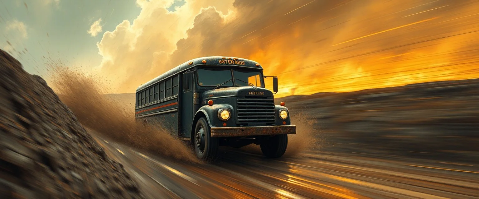 mega blasting fast, so freaking fast, faster than a greased muscle shiny cowboy disco funk fusion fluffy man gremlin monkey pig on a runaway mud black veteran buss truck jumping over the cliff . speed and energy, painted by Rembrandt and fallout 4, straight down a muddy slide