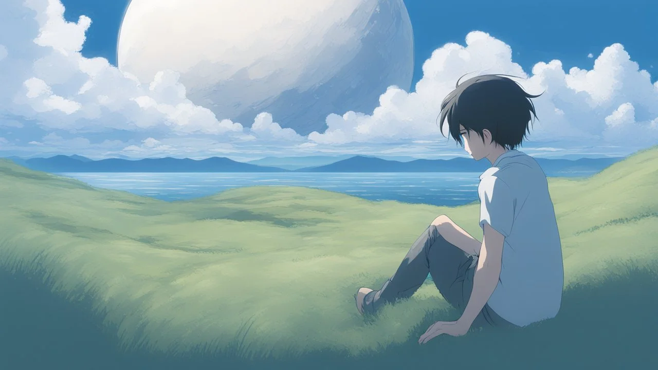 giant half transparent virtual moon, glitchy, blurry, mechanical, sci-fi, maximum quality, centered on frame, far view, in the middle of a grassy hill, white sky with cumulonimbus, manga, makoto shinkai style, blue sea