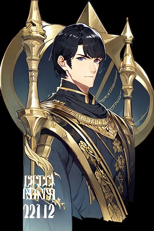 A handsome 30 year old knight, black hair, dark blue eyes, male bob haircut, in black-and-gold plate armor, no beard, european, portrait