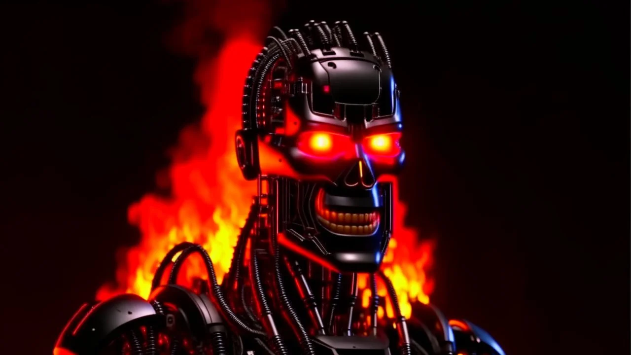 4K portrait of the real-life. Maximum details. Terminator robot, firestarter, radio broadcast logo, flames in the background.