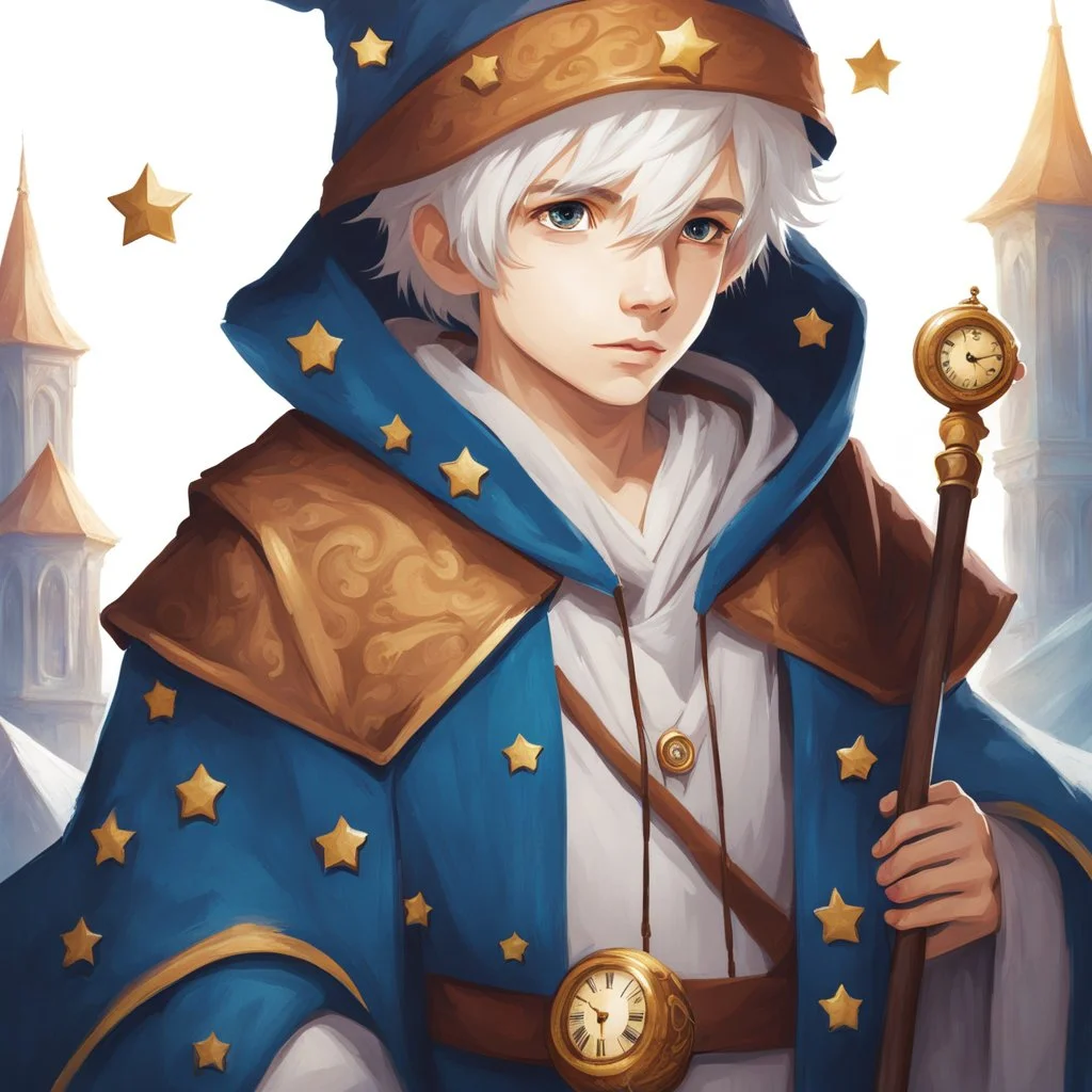 Fantasy World, A boy only wearing a closed wizards robe, and wearing a wizards hat. White Hair. Eyes That Looks Like a Clock.