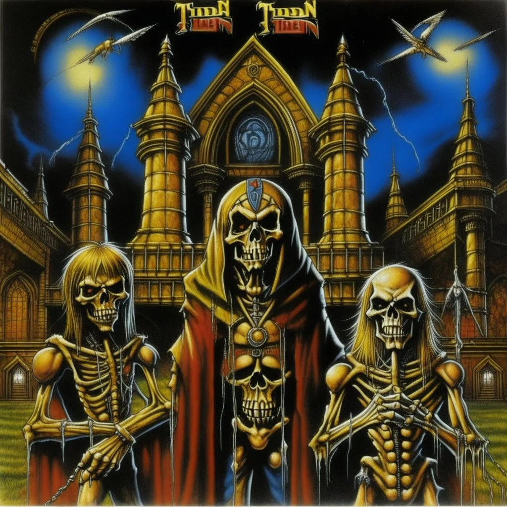 heavy metal album cover for "IRON MAIDEN" band titled "CHURCH OF MADNESS", featuring Iron Maiden mascot "Eddie", "eddie" in priest outfit, Derek Riggs artist, Iron Maiden font for text