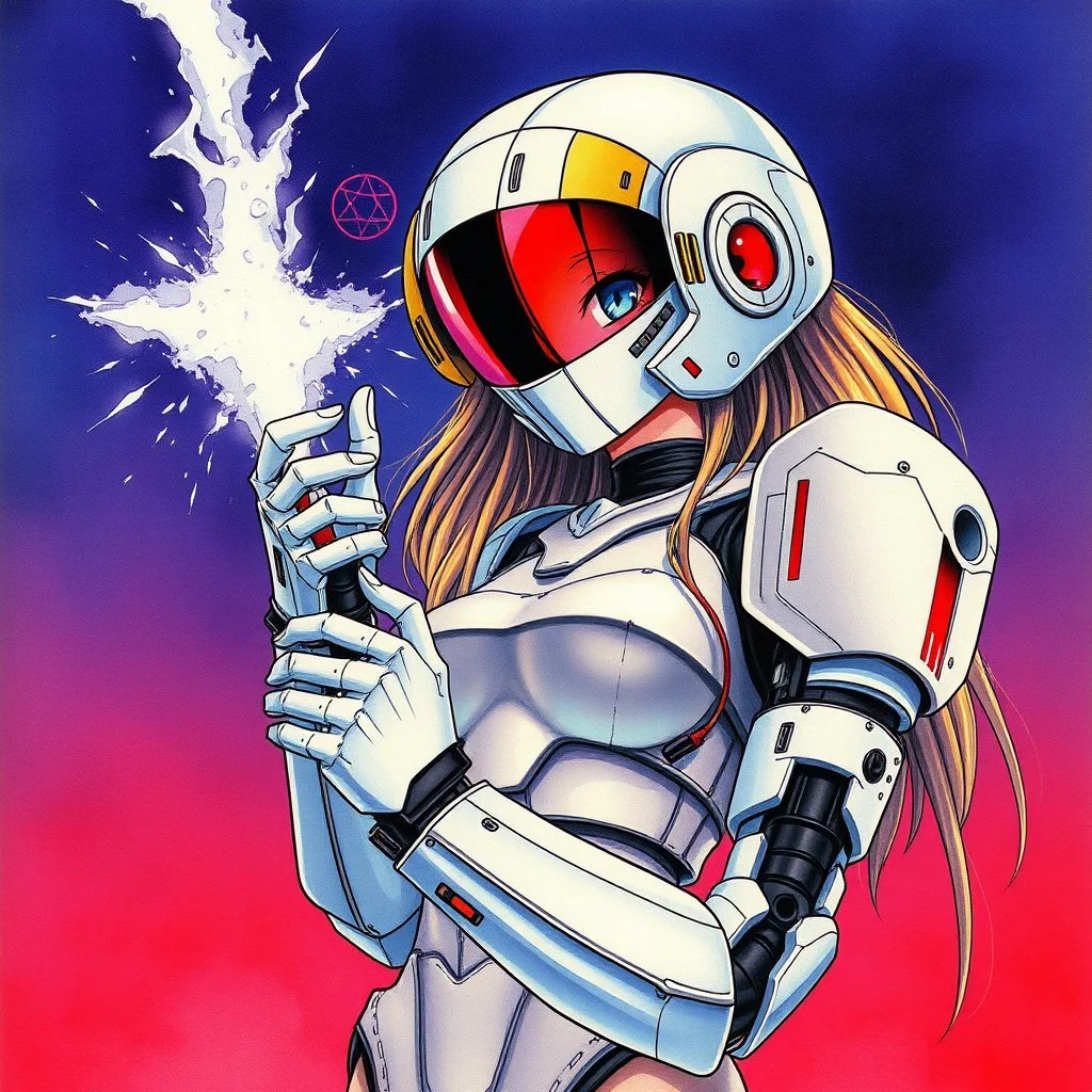 retro anime style, serious 1990s OVA anime style,Best quality, masterpiece, ultra high definition,Highly detailed 1 girl, retro anime style, full color, dark serious 1980s, robot, moebius artist, magic, watercolor, cybernetic arms, ghost in the shell