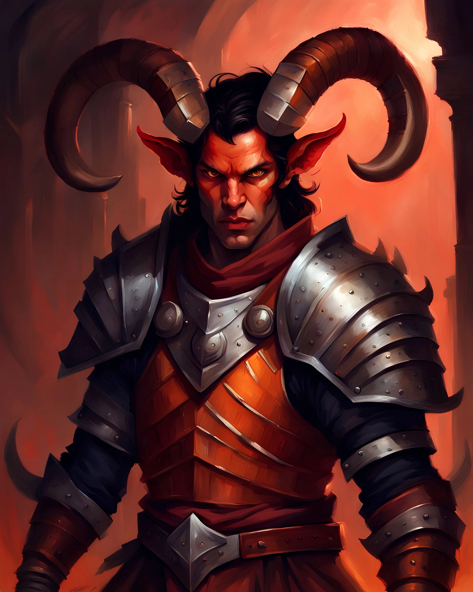 tiefling male, dark hair, wide jaw, red skin, wearing full plate mail armor covering his body, medium sized orangish ram horns, looking at camera, angry look, realism, painting, night, fantasy, pathfinder style