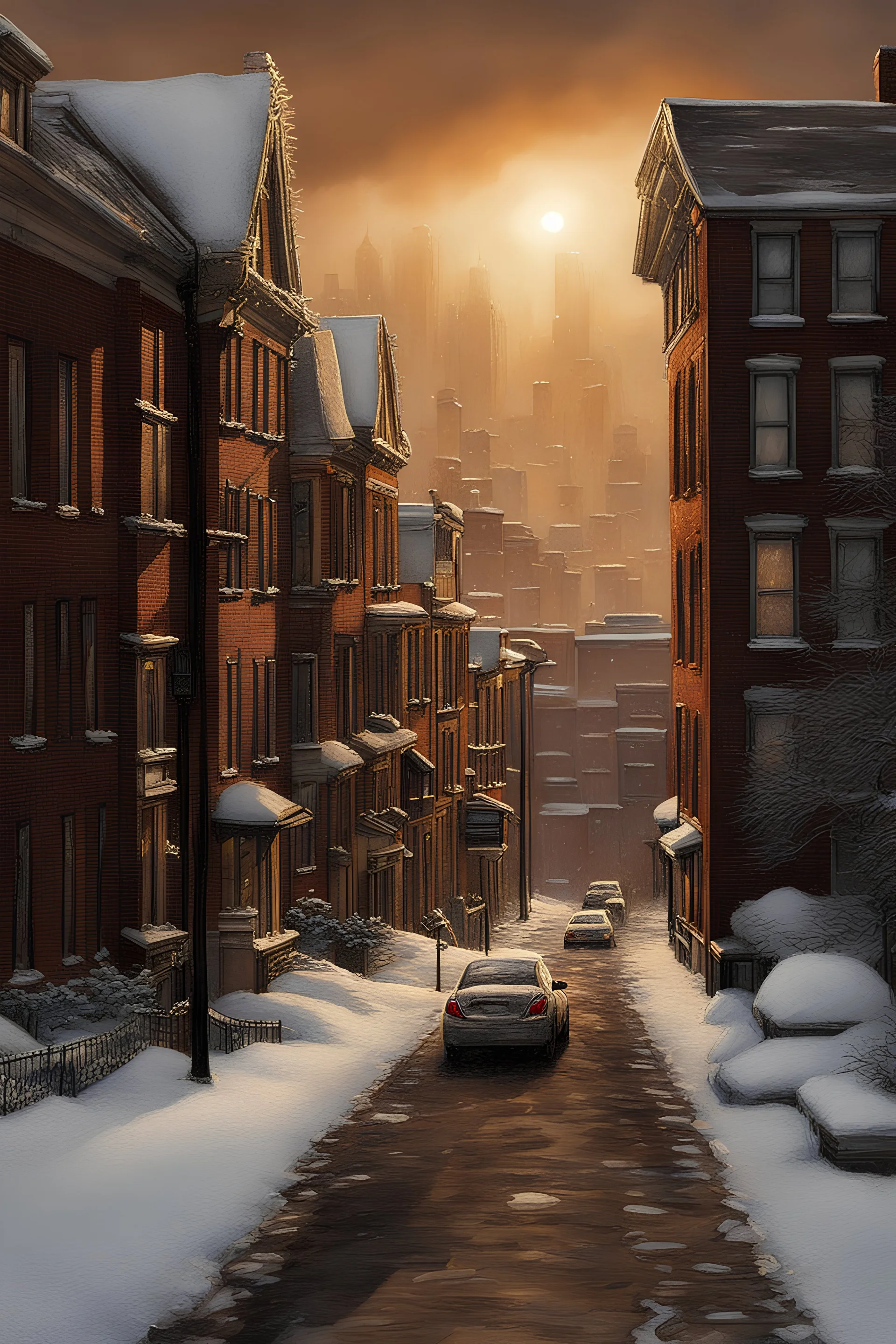 As the first day of winter arrives, the city is blanketed in a thick layer of snow. The sun's rays peek through the clouds, casting a warm glow on the hyperrealistic city houses. Imagine the intricate details and textures that could be rendered in this scene.