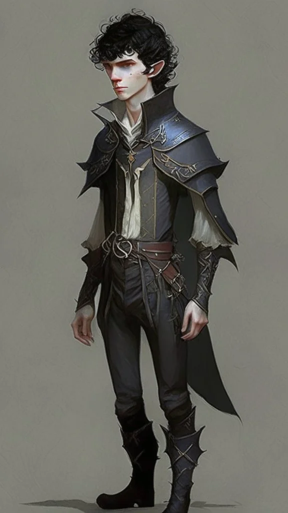 boy elf,he has curly, black hair and sharp cheekbones. His eyes are black. He wears fantasy medieval clothes. he is lean and tall, with pale skin, full body with boots, side view full body