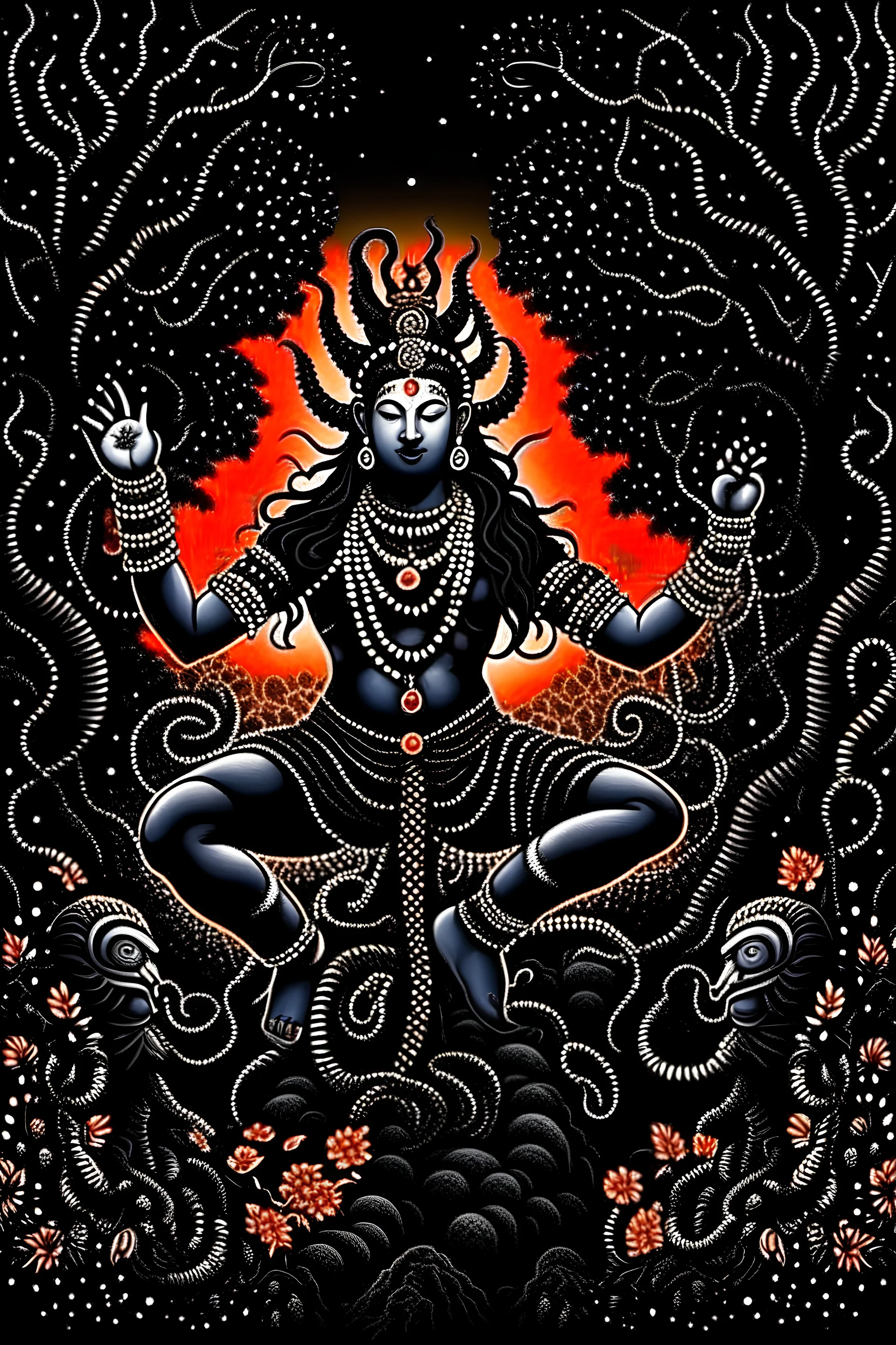 hindu god shiv mahakaal tandav forest dancing night stars moon black angry snakes around neck,garland of skull
