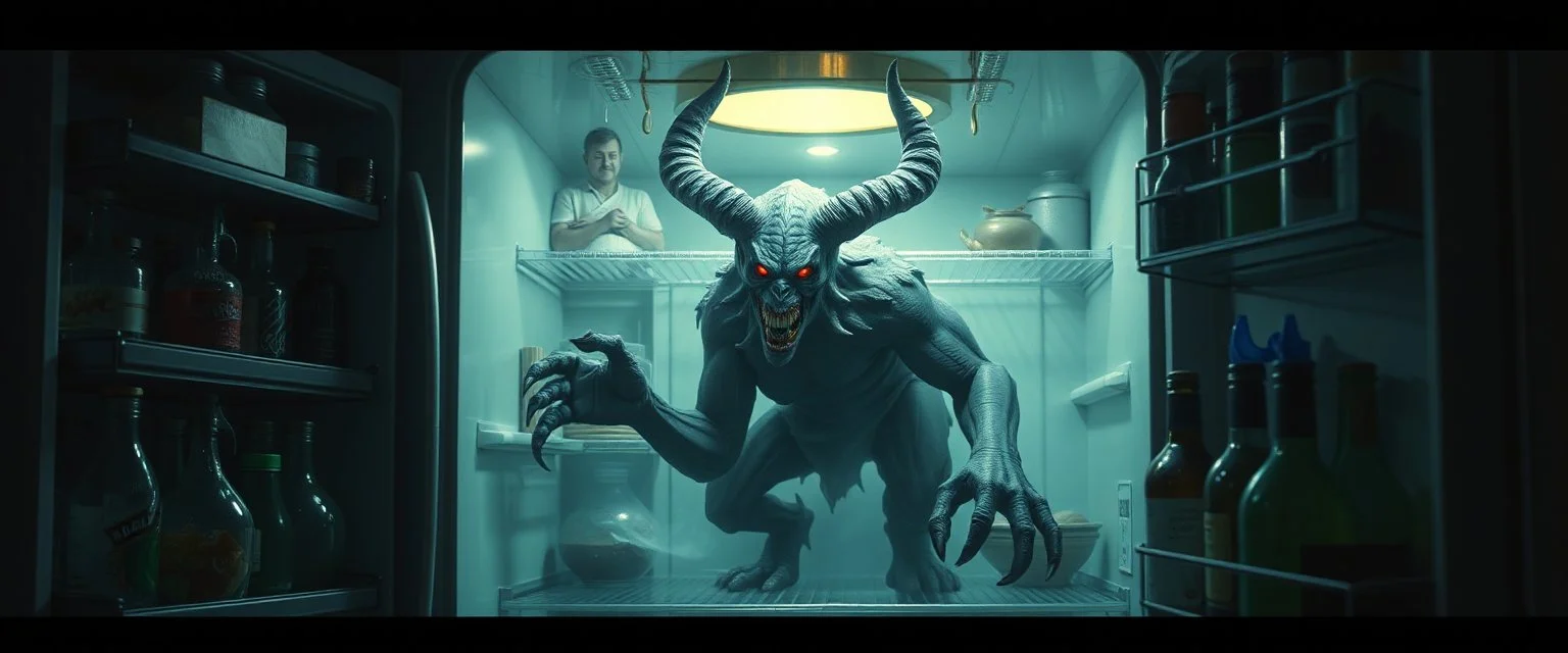 demon in the fridge in the style of fantasy art
