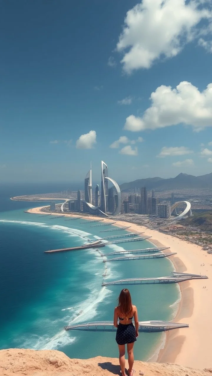 Woman looking down on a futuristic city with arches, skyscrapers, and arches, following the long curve of a long sandy bay with futuristic piers stretching out into the blue waters