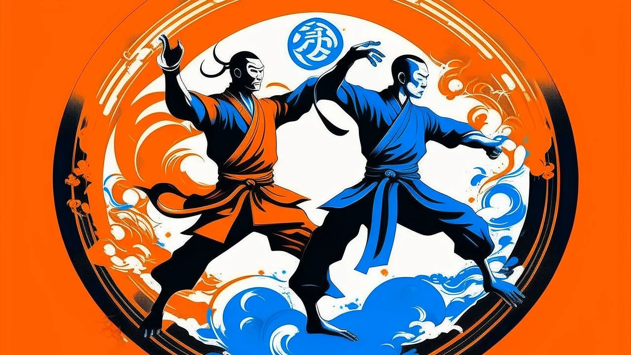 An image of two wushu fighters fighting in a black, orange, and blue color scheme with yang and yang symbols above their heads.