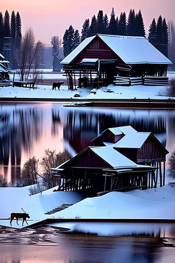 it's the beginning of winter, it's snowing lightly. 21st century. Russian countryside. Two hunters and a dog in a boat approach a completely destroyed wooden bridge over a river leading to a village, with several wooden piles sticking out of the water. A dilapidated Orthodox church stands on the right bank. High quality image in 8K format.