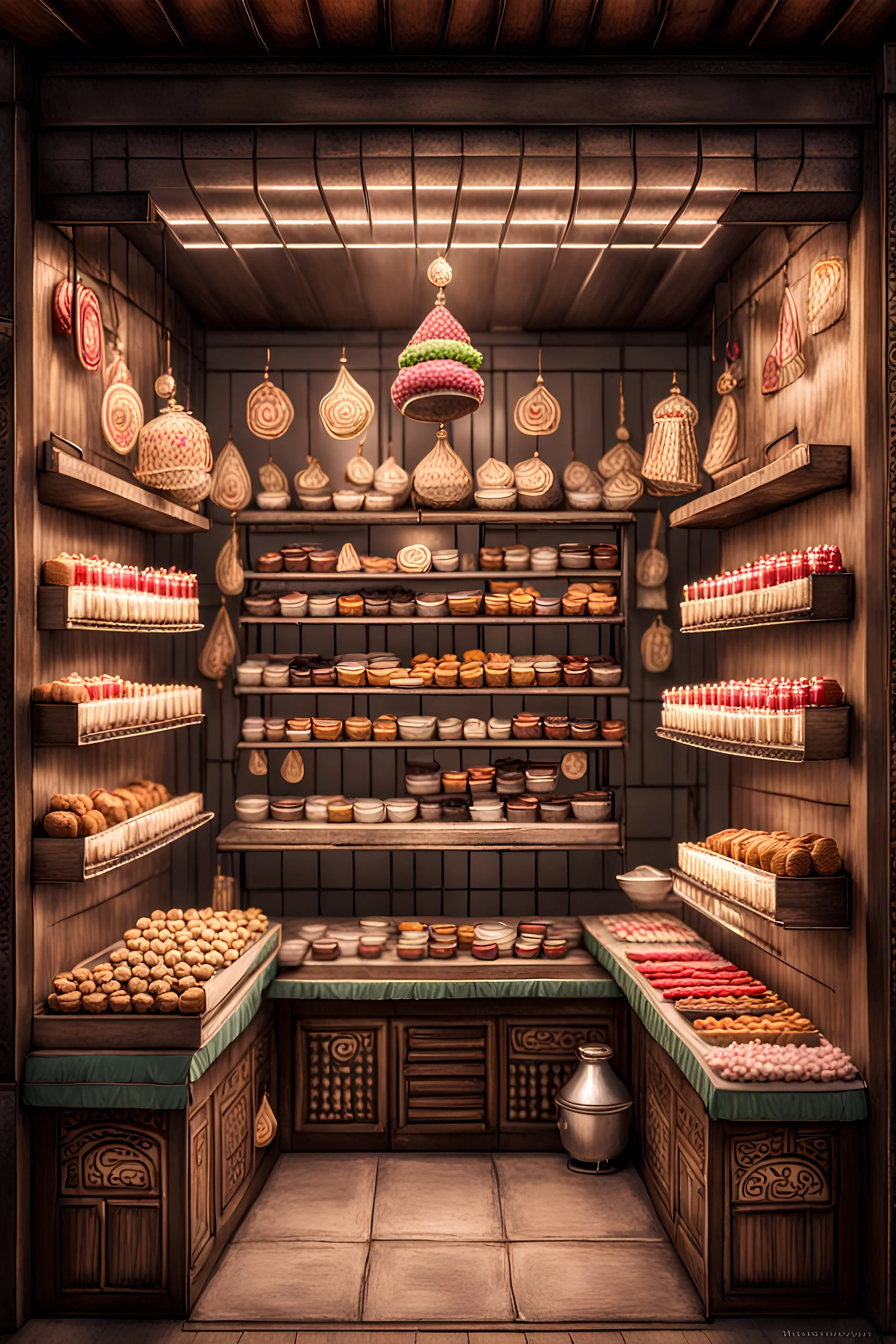 walk-in sweetshop with indian style in perspective with some sweet making experience setup inspired by indian street venders