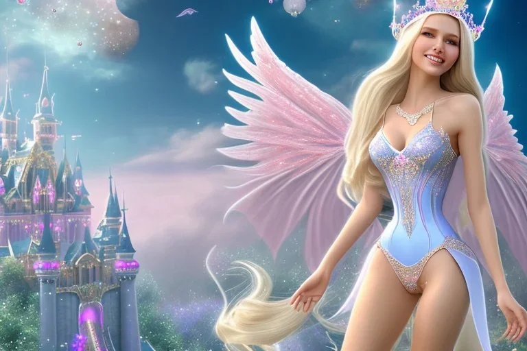 castle in background, beautiful, soft, big smiling, straight and long blonde hair, blues eyes, dewy and shiny atmosphere, diamond crown, long fairy wings in the back, full head, pink veil clothes