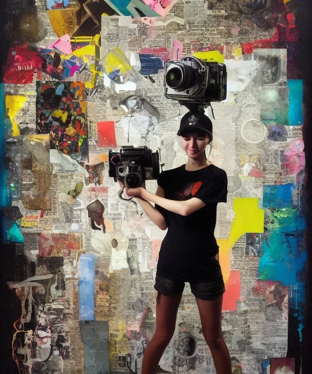 happy beautiful girl holding big proffesional camera in studio. street art, oil on canvas, spray paint, collage, letters, newspapeers, Dave McKean, Vladimir Fedotko, Saturno Butto, Vaughn Bodé, Frank Wu, James C. Christensen, collage, dirty, paint dripping, radiant