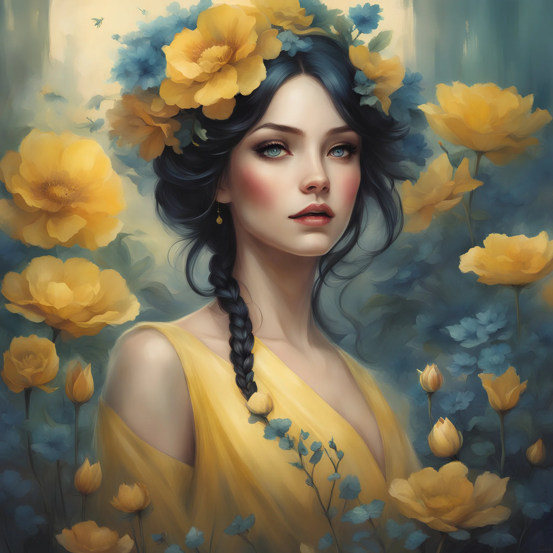 "Flowers, full body portrait of pretty woman, blue eyes, black hair, yellow pretty clothes, A Breathtaking Masterpiece Fantasycore Artwork By Anna Dittmann, Daniel Merriam, Jean Baptiste Monge, Alberto Seveso, Erin Hanson, Jeremy Mann""