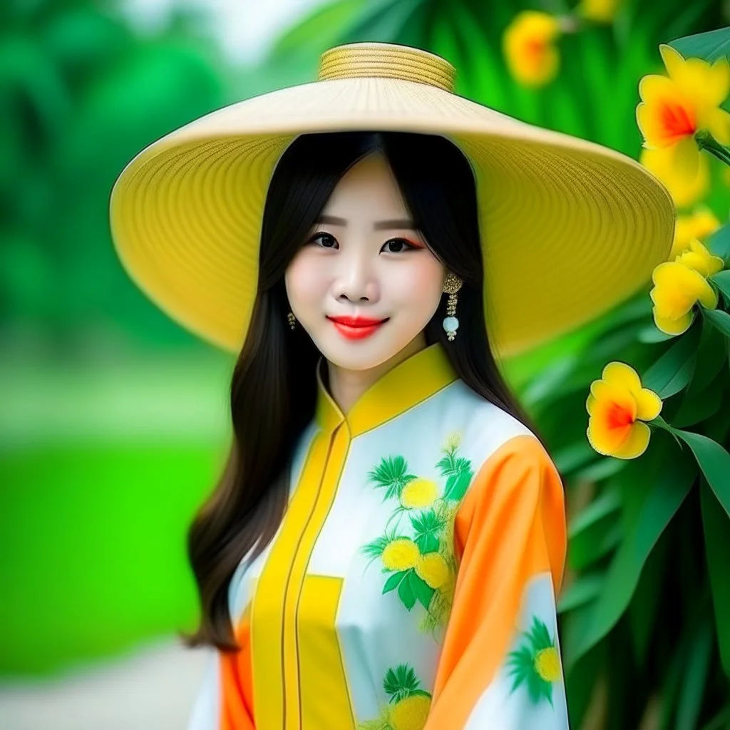 Vietnamese beutiful girl with conical hat and Ao Dai in Vietnam