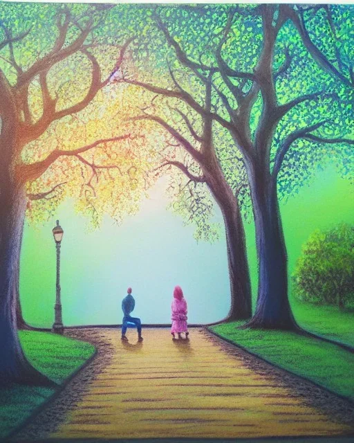 park mystical dream, park bench, man, woman, child, dog, trees, path, bird, sunshine, mystical, fantasy, romanticism, pastel colors, daylight, daytime, acrylic painting, detailed,