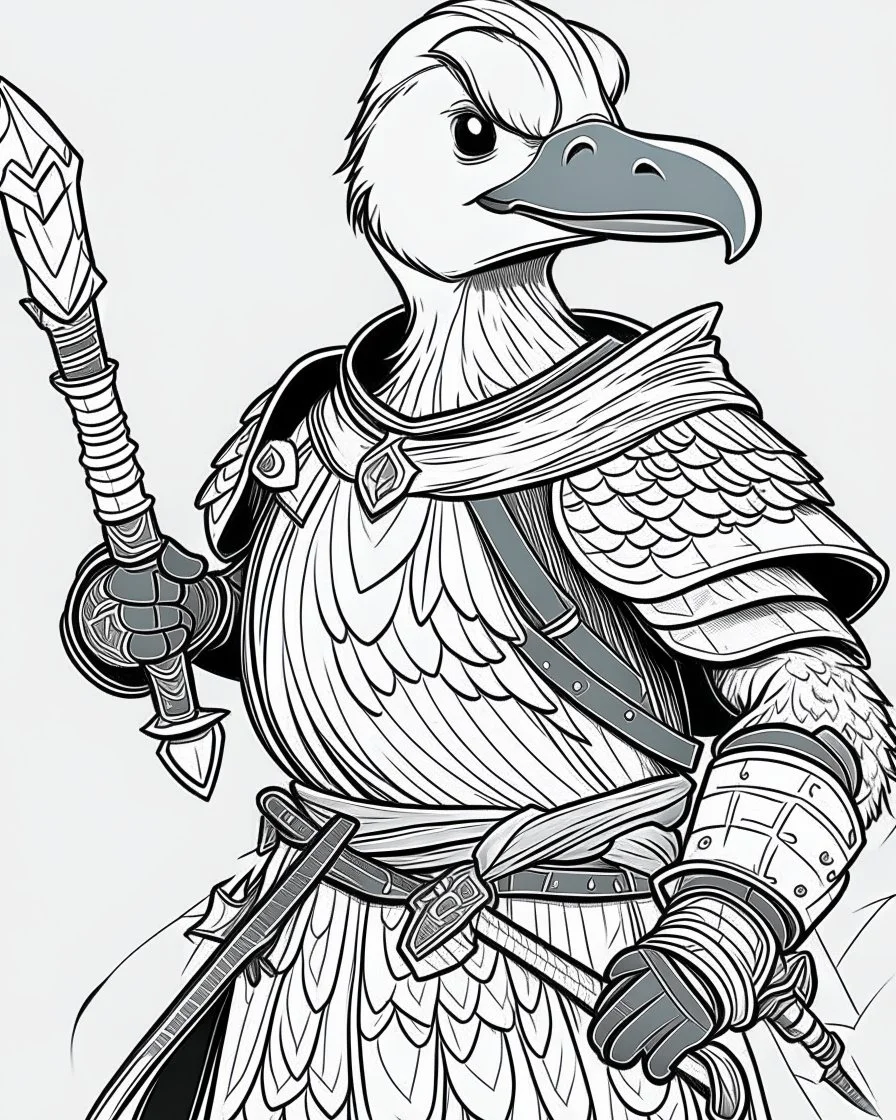 coloring pages for kids,hyper realistic medieval angry strong black duck with scarred beak with armour holding an axe while playing dungeons and dragons, 3d render, cartoon style, thick lines, low detail, black and white, no shading, --ar 85:110
