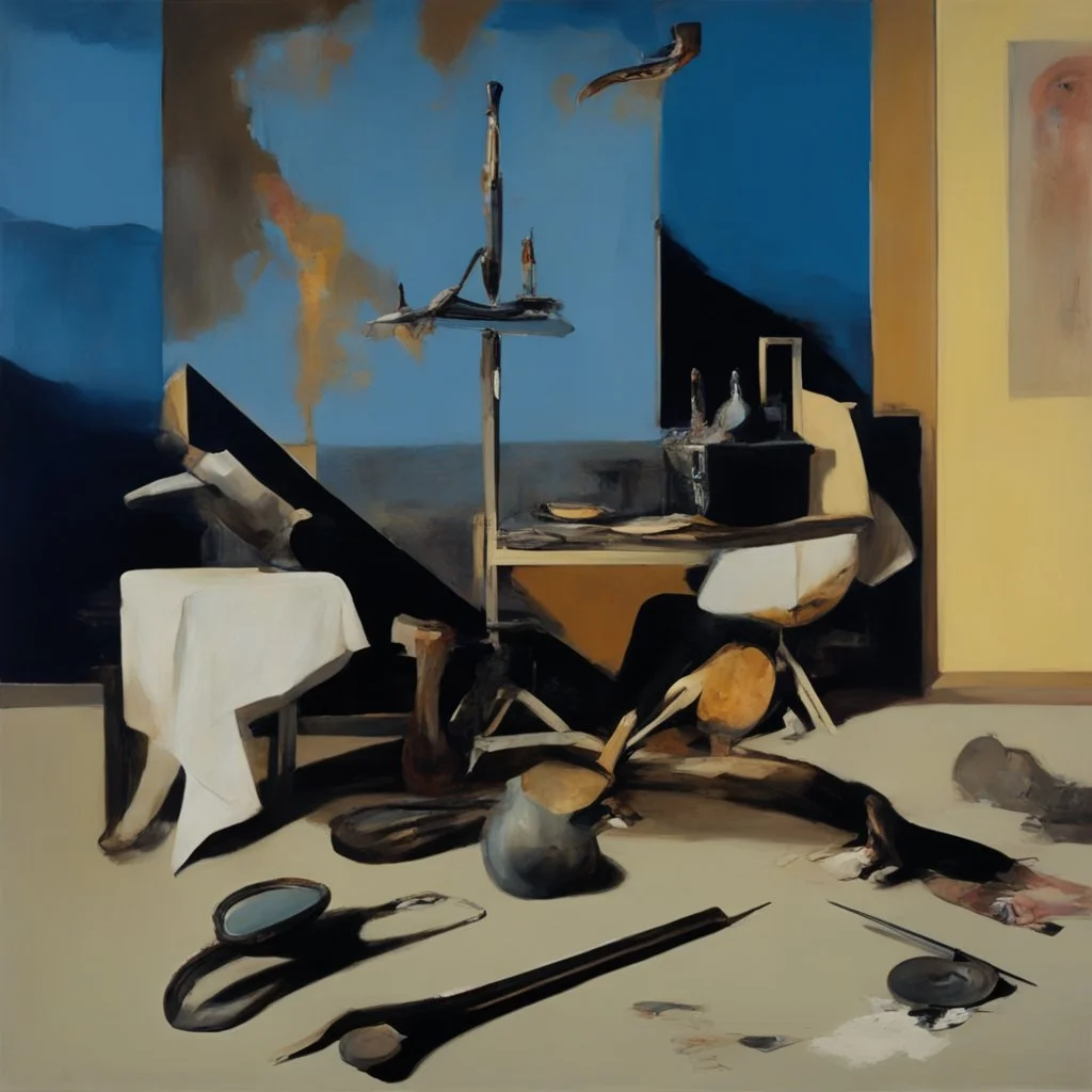 human body, universe-like mirror, complex surgical instruments mixed with human body-like dentist instruments,minimalism,Painting By Adrian Ghenie, Rene Magritte, Salvador Dali, Lucian Freud