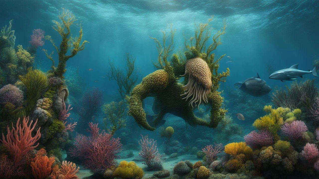 hyperrealistic 4k, seas from the movie aquaman, a lot of plants, and creature, sea animal, underwater