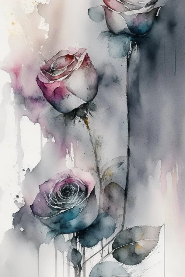 Abstract wet watercolour, grey bright colours roses