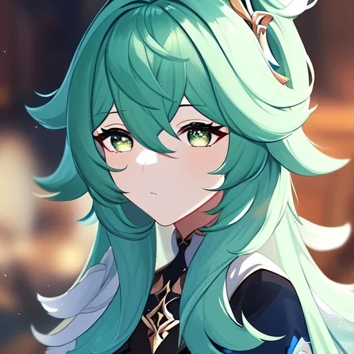 Clear focus,High resolution,8k, Beatiful Lighting, green ponytail fluffy hair, long fluffy bangs, cyan eyes, wearing a genshin outfit, must be wearing a short skirt, extreme close up