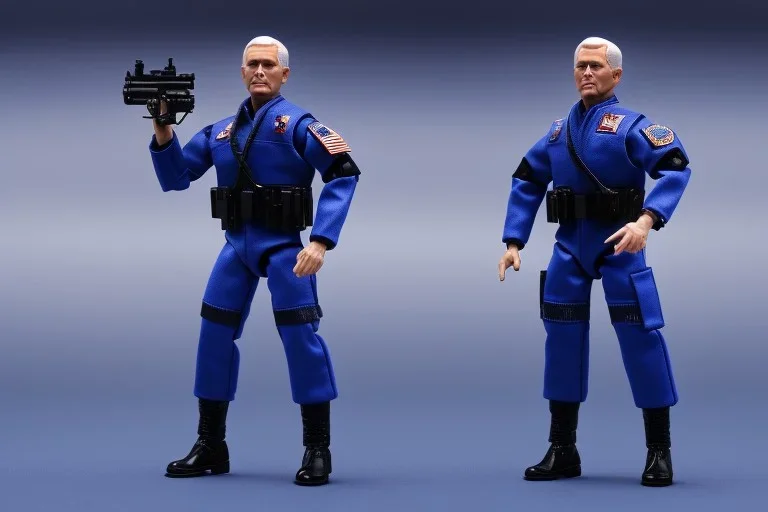 Plastic Mike Pence as G.I. Joe toy Doll figure With a pistol space force Commander Blue fabric uniform, black Moonboot in a clear package