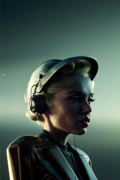 Ultra Realistic retro sci-fi scene, portrait, blonde woman, sweet young Marilyn Monroe face, perfect iris, tight latex coat, Strange planet background, Retro sci-fi style helmet, fog, rain, soft color, highly detailed, unreal engine 5, ray tracing, RTX, lumen lighting, ultra detail, volumetric lighting, 3d, finely drawn, high definition, high resolution.
