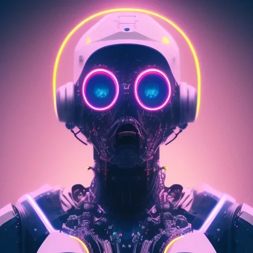 A beautiful portrait of a cyborg crow wite neon color scheme, high key lighting, volumetric light high details psychedelic background