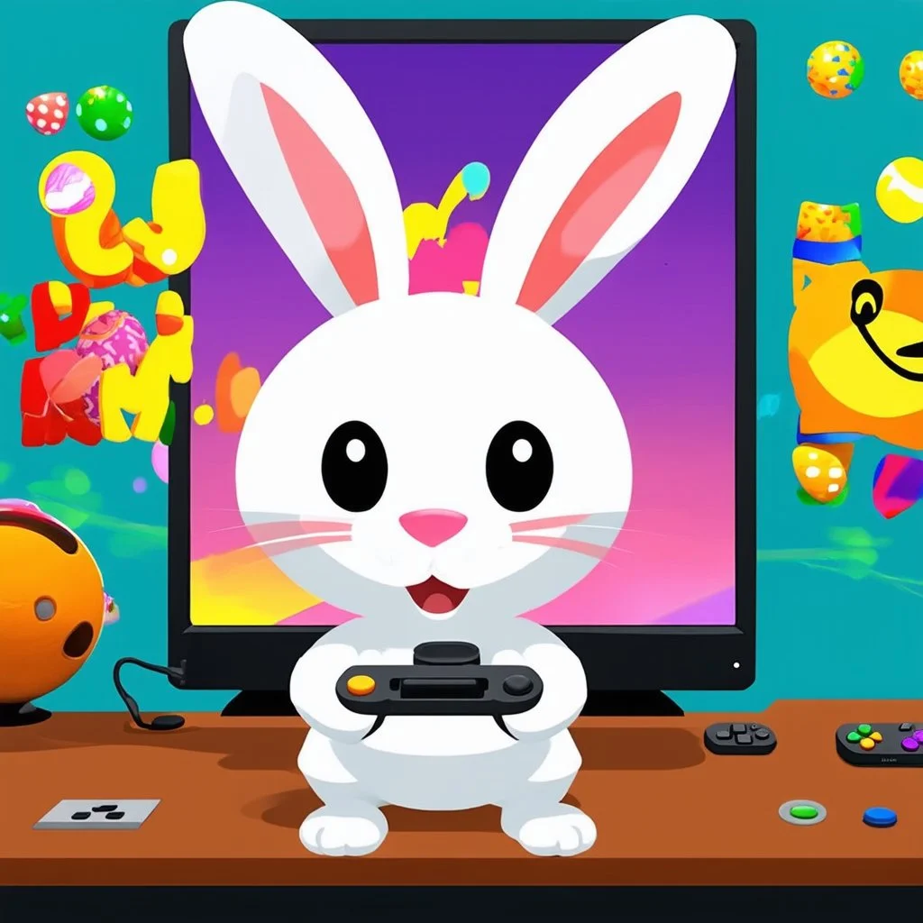 Easter bunny playing a video game like pac-man