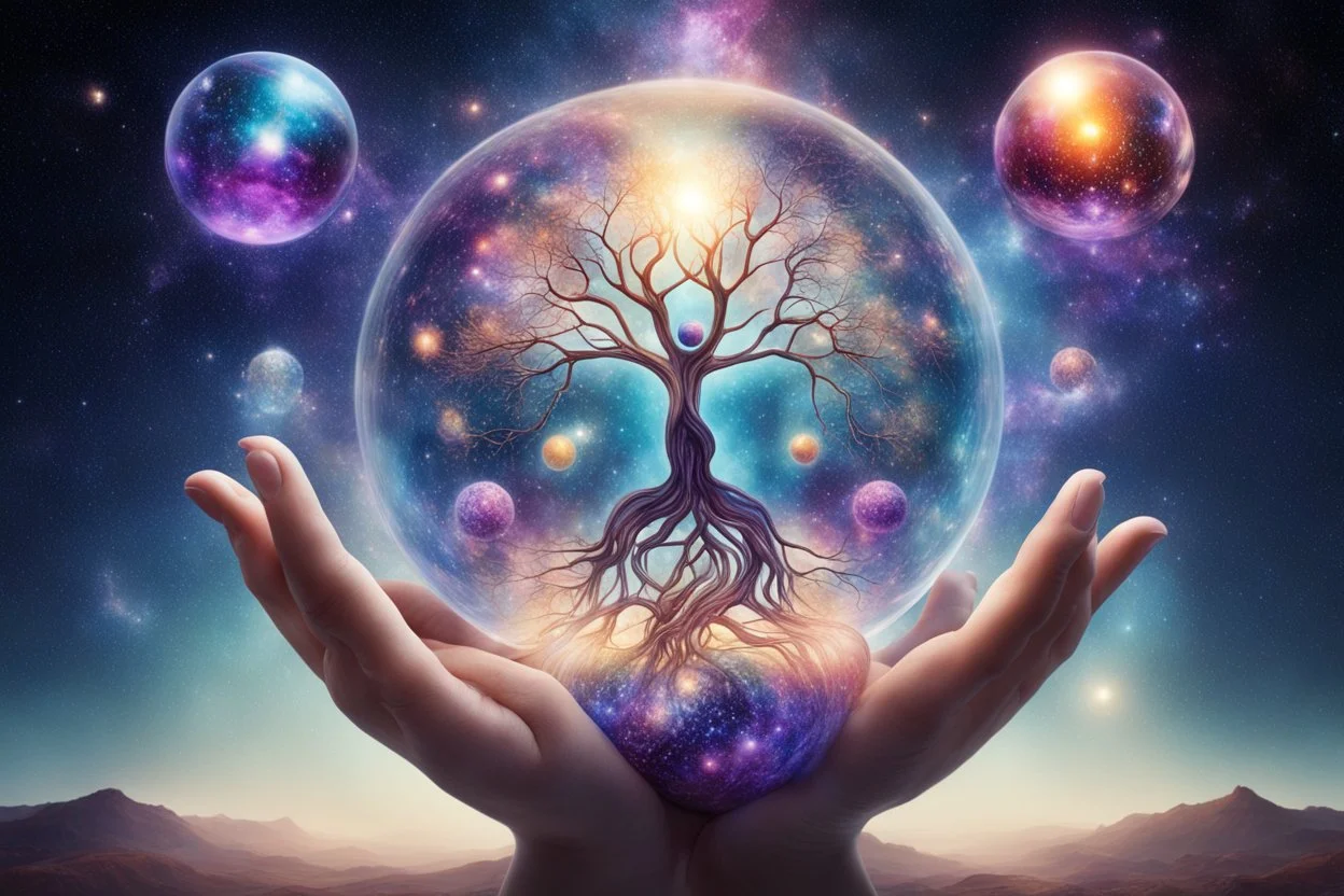 kundalini, connected to the universe, few colours of galaxy, holding galaxies in few hands in glass balls, I first ball ocena, second ball trees, third universe,