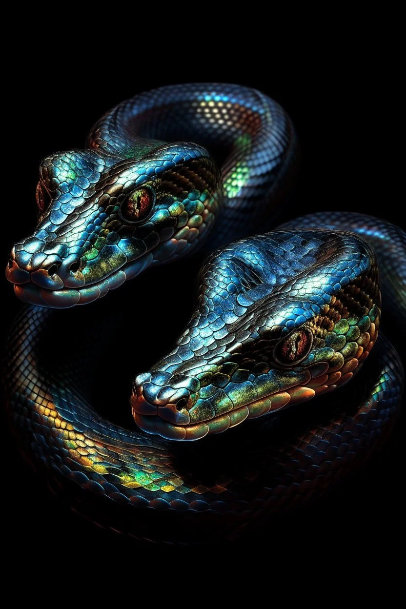 A two headed snake digital portrait, dark fantasy, black iridescent scales, holographic, shiny, PVC texture, wet look,