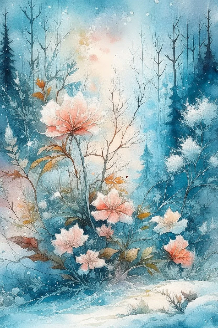 magic Wet watercolor, beautiful flowers, fir trees, fine drawing, beautiful snow-white landscape, pixel graphics, delicate sensuality, realistic, high quality, work of art, hyperdetalization, professionally, filigree, hazy haze, hyperrealism, professionally, transparently, delicate pastel tones, back illumination, contrast, fantastic, nature, space, Milky the way is fabulous, unreal, translucent, glowing,clear lines