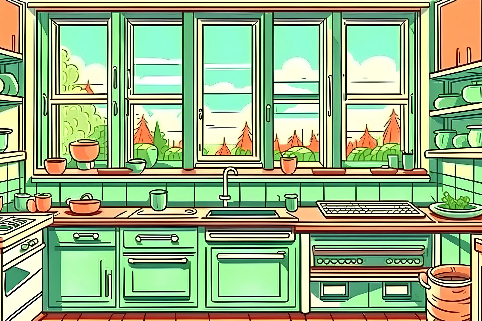A KITCHEN WITH A WINDOW, CARTOON STYLE
