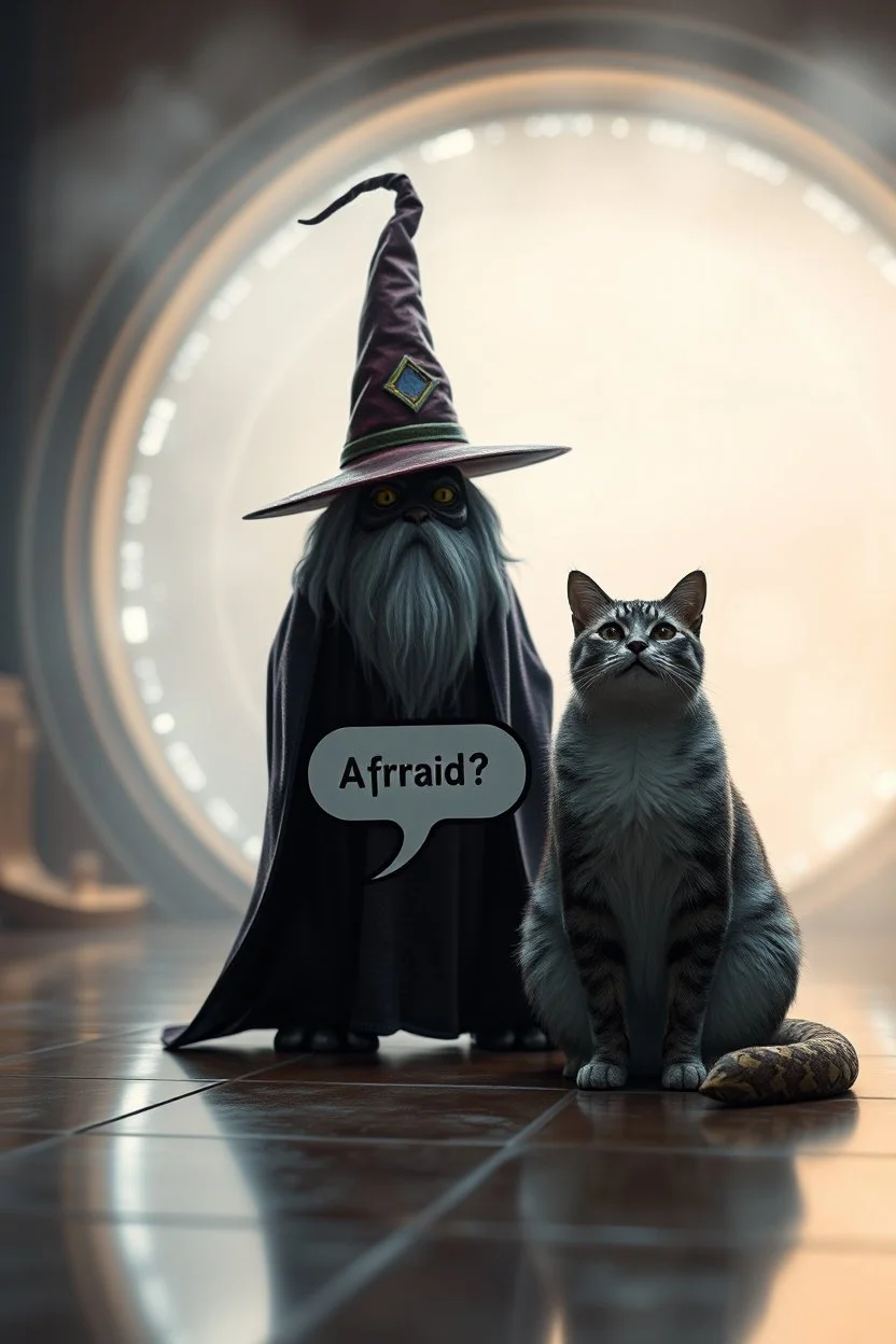 Wizard,snakebat and fat cat, add some fucking realism with no mutants, and a foggy background, and shiny tiled floor, and speechbubble saying "Afraid?" in front of space portal dimensional glittering device, bokeh like f/0.8, tilt-shift lens 8k, high detail, smooth render, down-light, unreal engine, prize winning