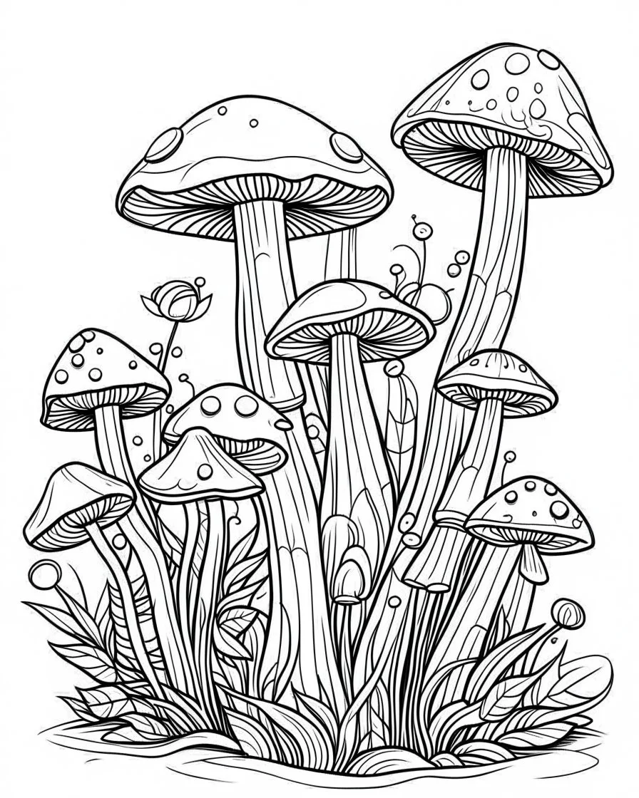 Mushrooms coloring page cartoon, simple bold precise lines, no color, white background