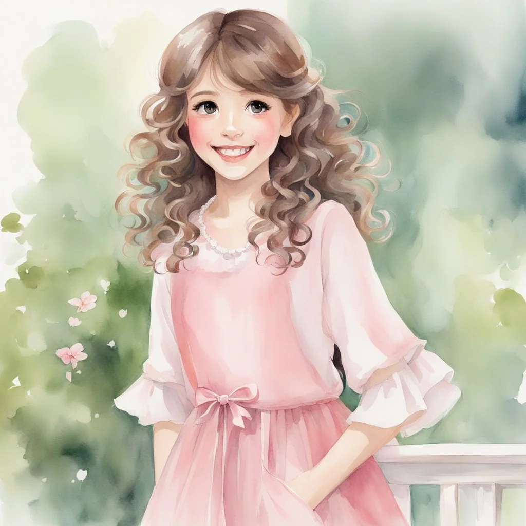 watercolor, full body, cute smile girl, curly hair, big eyes, long brown hair, pink dress, pink shoes, white backgrownd