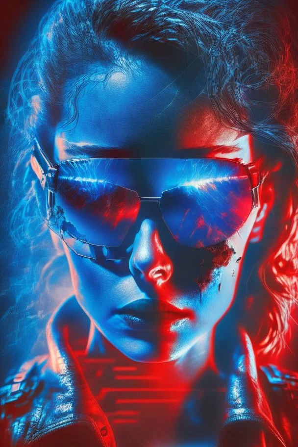 Photo of a half broken female Terminator, with dark sun glasses, bright red eye, Hollywood movie poster style, atmospheric blue light night time, high contrast dark moody lighting.