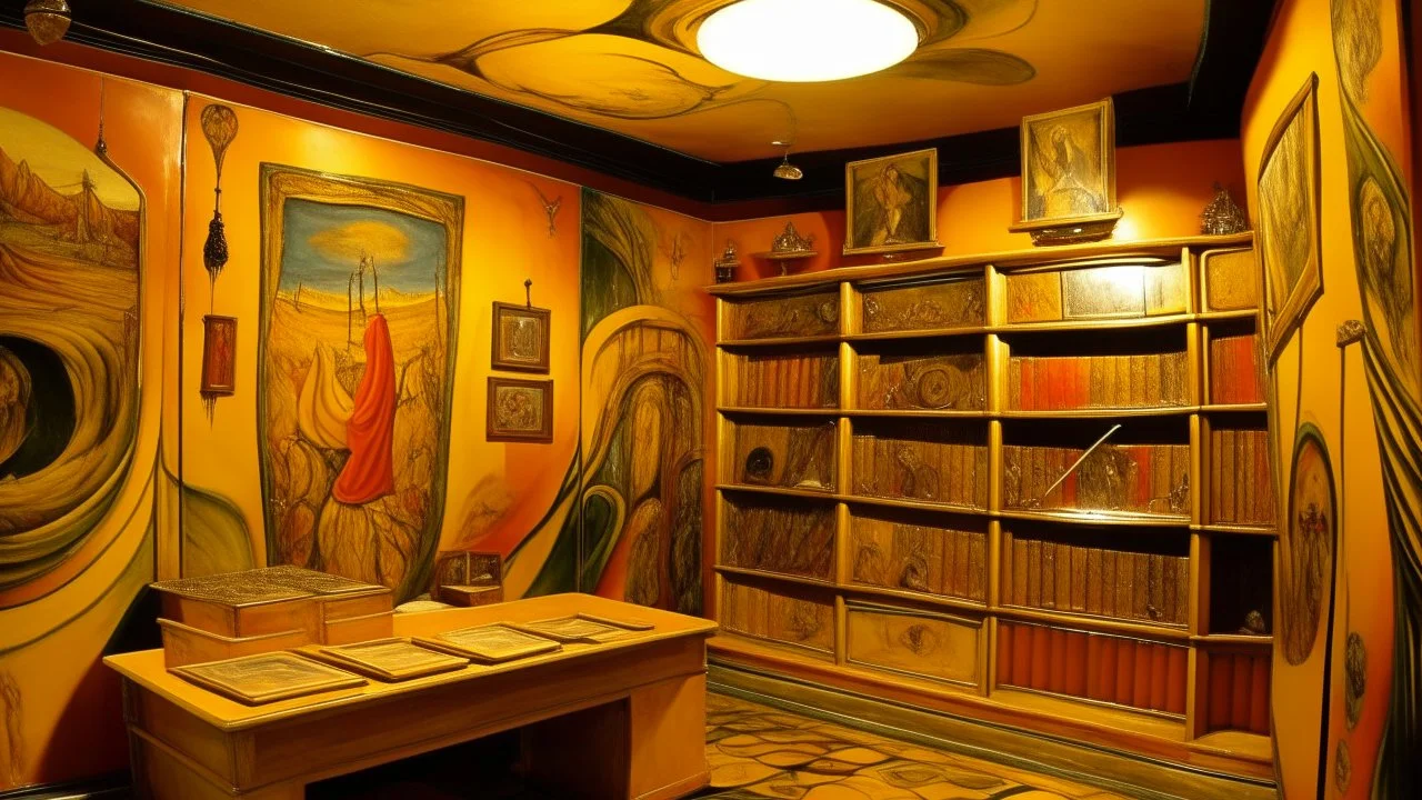 A golden yellow psychic library with telekinetic books painted by Salvador Dali