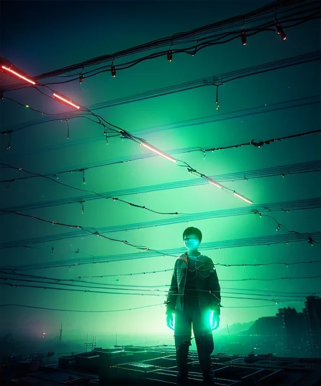 Ultra realistic photographic night portrait, cinematic, <3 Asian woman> <hanging wires> <retro computer screen> many wires coming out of the head <perfect pupil> <cyborg arm> <garage> <wide angle Shot> <sci-fi futuristic> <thriller>, neon lights, color fog, soft color, highly detailed, unreal engine 5, ray tracing, RTX, lumen lighting, ultra detail, volumetric lighting, high definition.