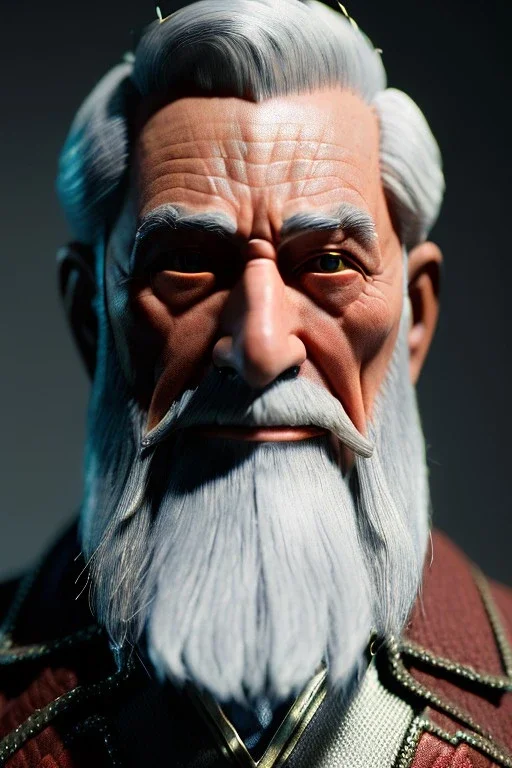 Old man Cyborg anime warrior, grey hair, trimmed grey beard,brown eyes, waist up portrait, 8k resolution, intricate details, ornate details, soft lighting, vibrant colors, retroanime, futuristic cityscape background
